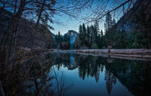 Picture winter, mountains, nature, reflection, river, twilight, Yosemite National Park