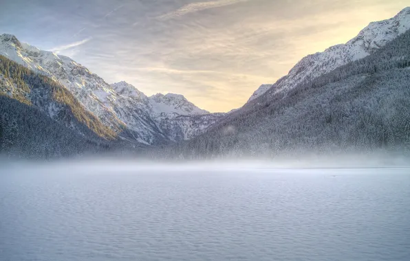Mountains, fog, river, dawn