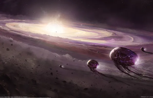 Picture space, ships, dust, asteroids, aliens, center, galaxy