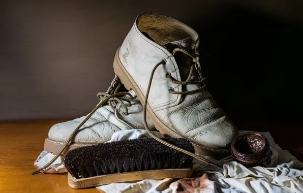 The dark background, shoes, shoes, shelf, still life, grey, laces, rag