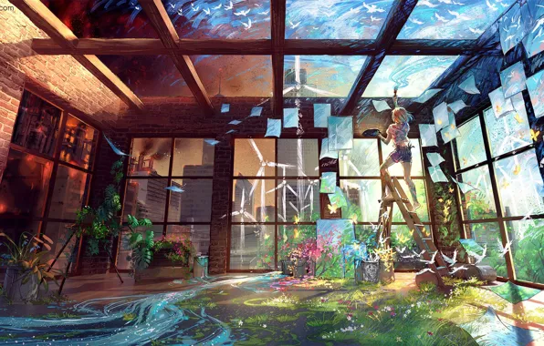 Birds, stream, room, wall, paint, plants, the ceiling, artist