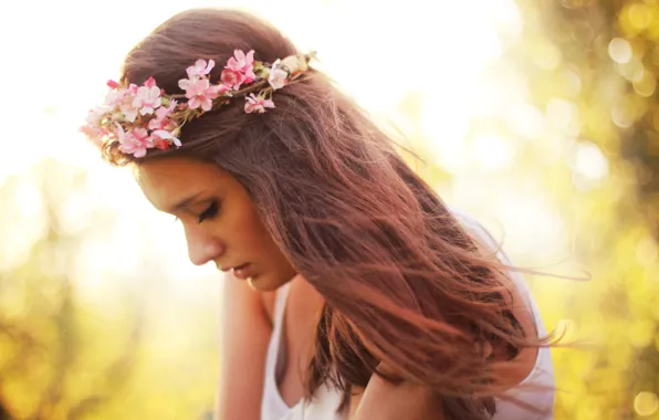 Picture girl, the sun, flowers, nature, background, Wallpaper, mood, wreath