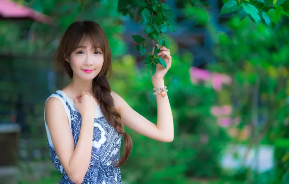 Picture look, girl, hair, branch, dress, braid, Asian, cutie