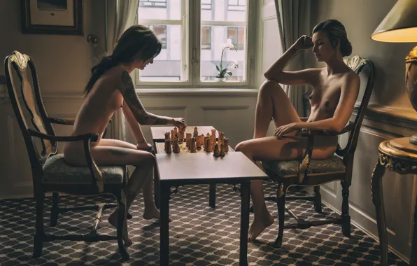Table, girls, room, chess, window, play, chess Board, naked