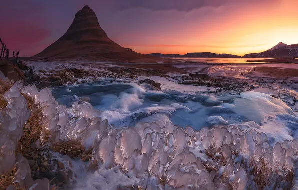 Ice, sky, sunset, waterfall, cold, iceland, vulcan, lirkjufell