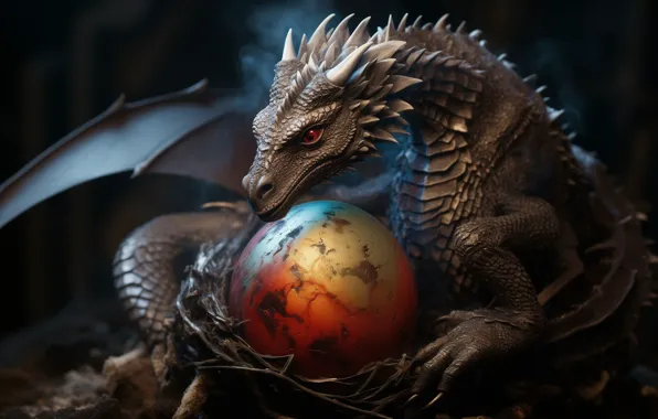 Face, the dark background, dragon, egg, wings, paws, fantasy, claws
