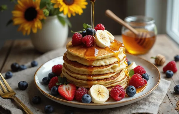 Sunflowers, flowers, berries, table, bouquet, blueberries, strawberry, plate