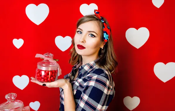 Picture look, pose, portrait, hands, makeup, hairstyle, candy, Bank