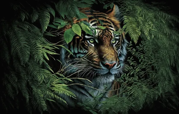 Picture Look, Tiger, Mustache, Face, Predator, Jungle, Bengal tiger, Digital art