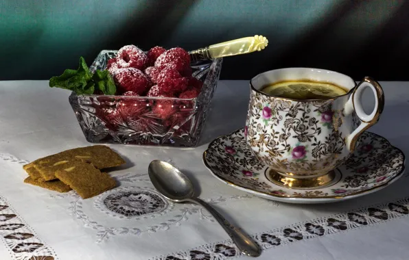 Berries, raspberry, table, lemon, tea, cookies, spoon, Cup
