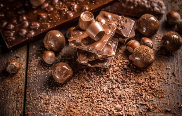 Board, chocolate, candy, sweets, nuts, bokeh, hazelnuts