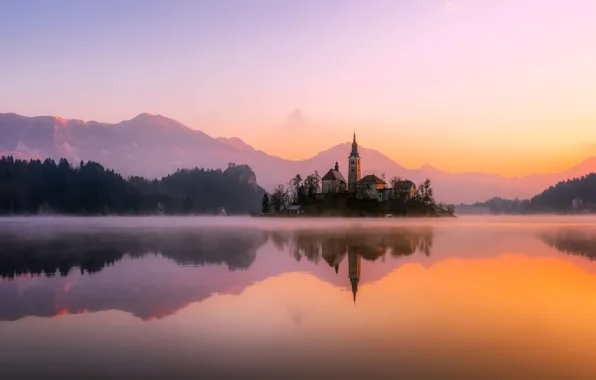 Landscape, mountains, nature, lake, reflection, dawn, morning, Church