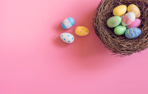Picture basket, eggs, spring, colorful, Easter, wood, pink, spring