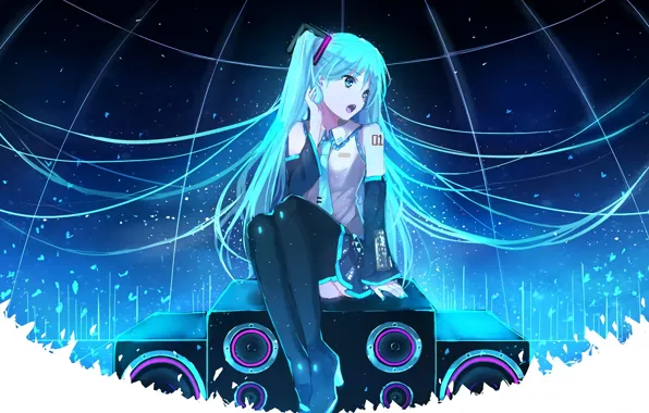 Picture girl, hair, anime, art, speakers, vocaloid, hatsune miku, sings