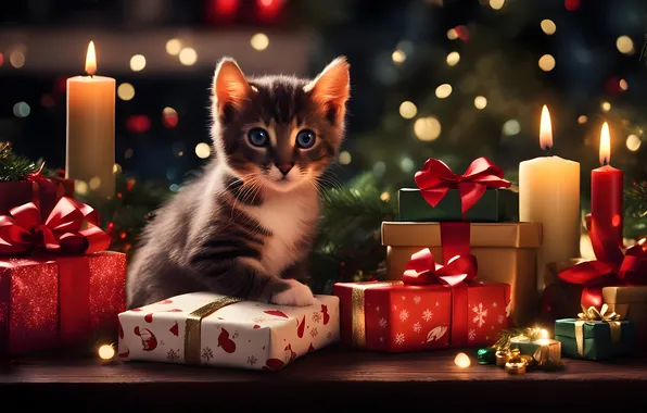 Animals, new year, candles, kitty, bokeh, Author: Naarok0fKor, give
