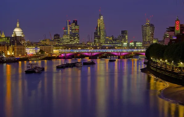 Lights, England, London, the evening, Thames, twilight, Waterloo bridge