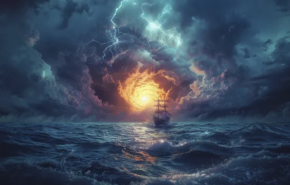 Picture Sea, Wave, Ship, Sailboat, The portal, Digital art, AI art, The Art of Artificial Intelligence