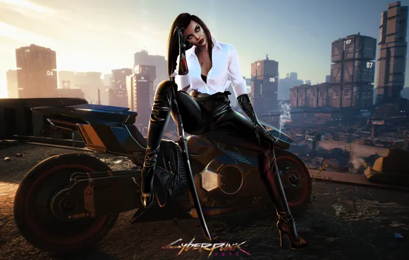 Girl, The city, The game, Look, Motorcycle, Character, Katana, Cyberpunk 2077