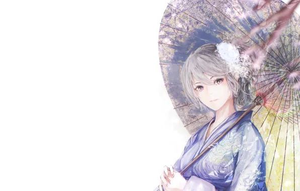 Girl, branches, umbrella, Sakura, kimono