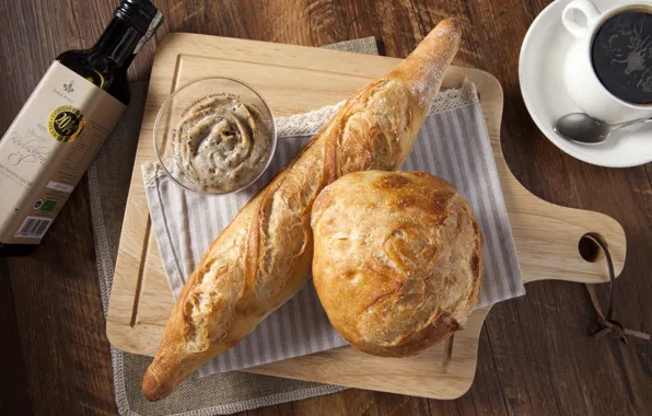Wine, coffee, bread, baguette