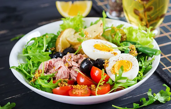 Food, eggs, meat, vegetables, salad