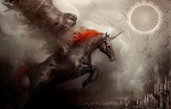 The city, fantasy, horse, Wallpaper, unicorn