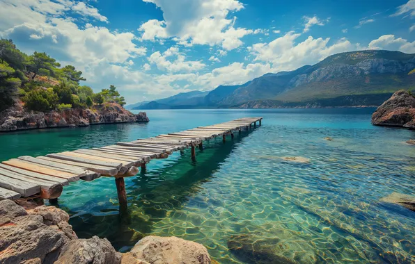 Mountains, lake, pier, clear water