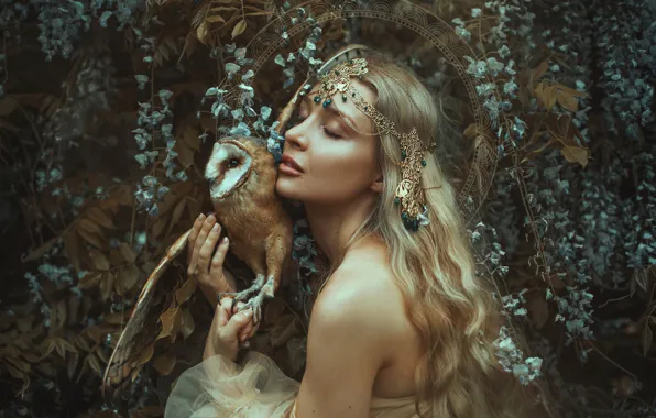 Girl, decoration, flowers, face, pose, style, mood, owl