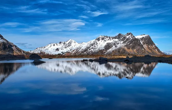 Picture the sky, mountains, reflection, Norway, Lofoten