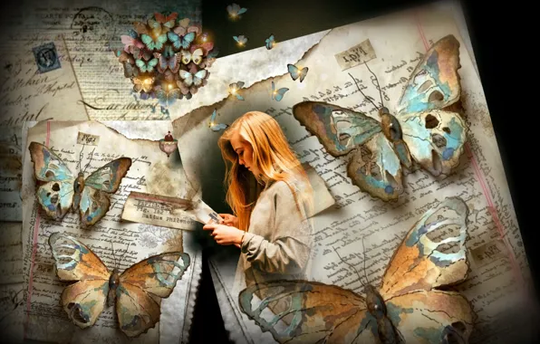 Girl, butterfly, pose, paper, the dark background, rendering, collage, past
