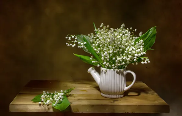 Flowers, kettle, lilies of the valley, table, Tatiana Fedenkova