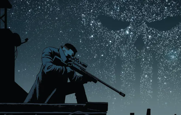 Picture The sky, Night, Stars, Skull, Weapons, Roof, Comic, Cloak
