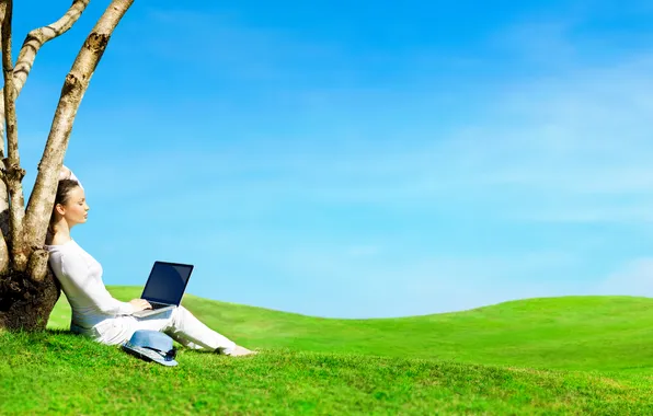 Girl, tree, meadow, laptop, hat