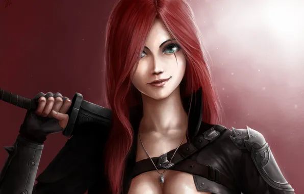 Picture look, girl, face, weapons, hand, art, league of legends, red hair