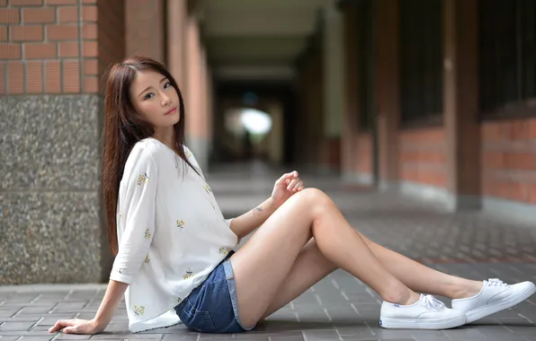 Girl, shorts, blouse, legs, Asian, sitting