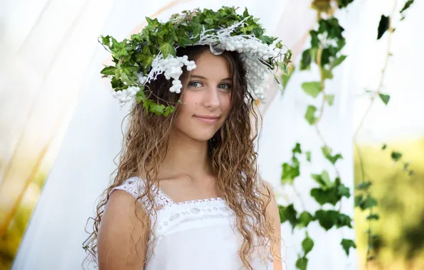 Girl, smile, hair, wreath