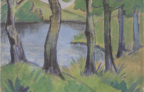 Grass, trees, lake, the bushes, Expressionism, Otto Mueller, ca1919, Waldsee