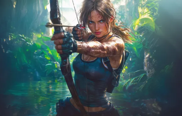 Picture Tomb Raider, girl, wet, jungle, look, Lara Croft, bow, sweat