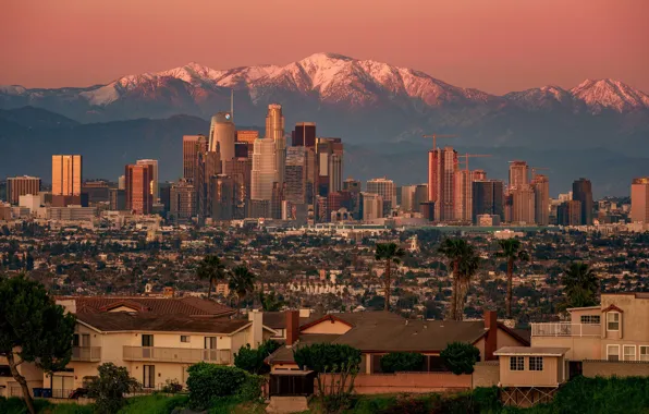 Sunset, mountains, home, panorama, USA, Los Angeles