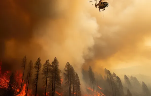 Trees, Smoke, Fire, Forest, Fire, Helicopter, Digital art, Water discharge