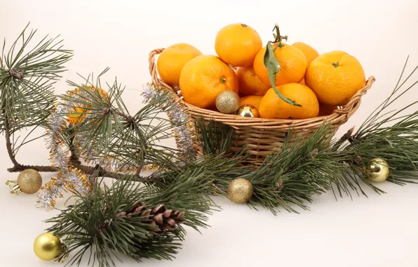 Balls, holiday, toys, New Year, bumps, tangerines, sprig of pine