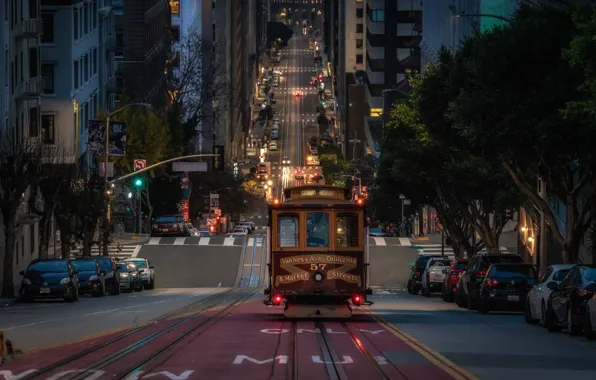 Picture road, auto, machine, street, building, CA, San Francisco, tram