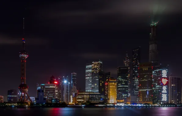 Picture city, tower, sea, night, buildings