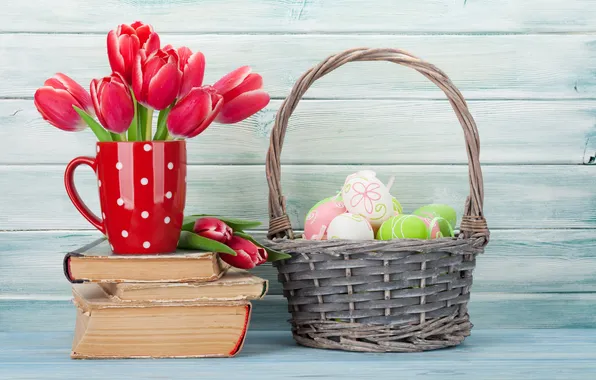 Flowers, eggs, spring, colorful, Easter, tulips, red, happy
