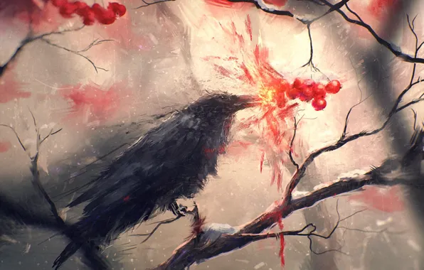 Bird, branch, art, Raven, crow, Rowan