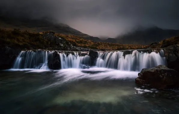 Autumn, the sky, water, mountains, nature, fog, stones, overcast
