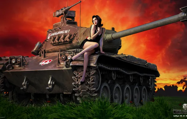 Field, grass, girl, sunset, figure, art, tank, glow