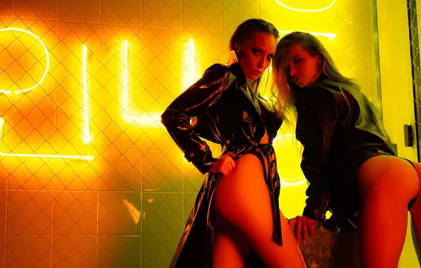 Ass, ass, look, pose, neon, two girls, Alexei Trifonov, Anna Tsaralunga