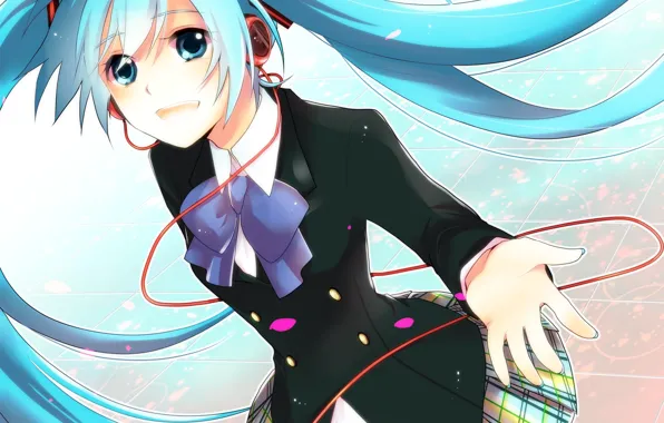 Girl, hand, anime, headphones, art, wire, schoolgirl, bow