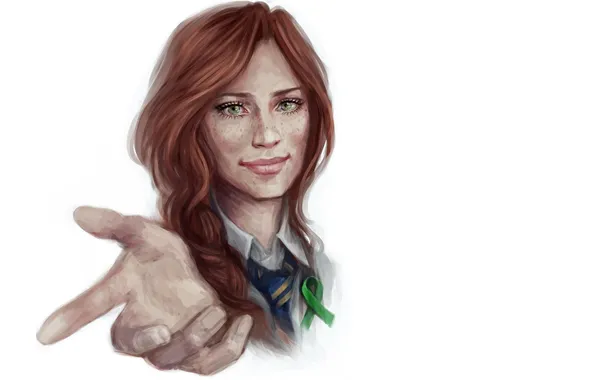 Look, girl, hair, hands, art, white background, ribbon